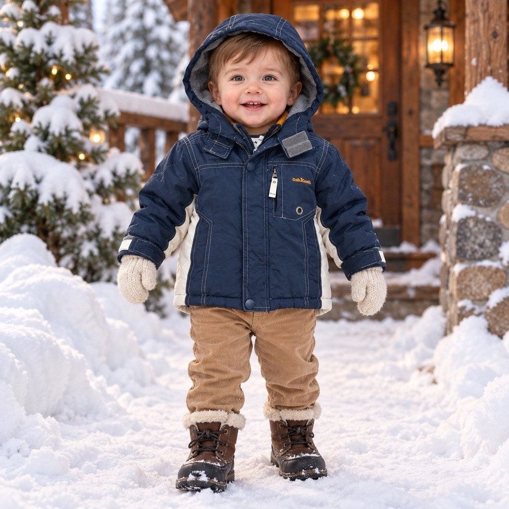 OshKosh Baby Boy 12M Navy Colorblock Fleece Lined Hooded Winter Coat